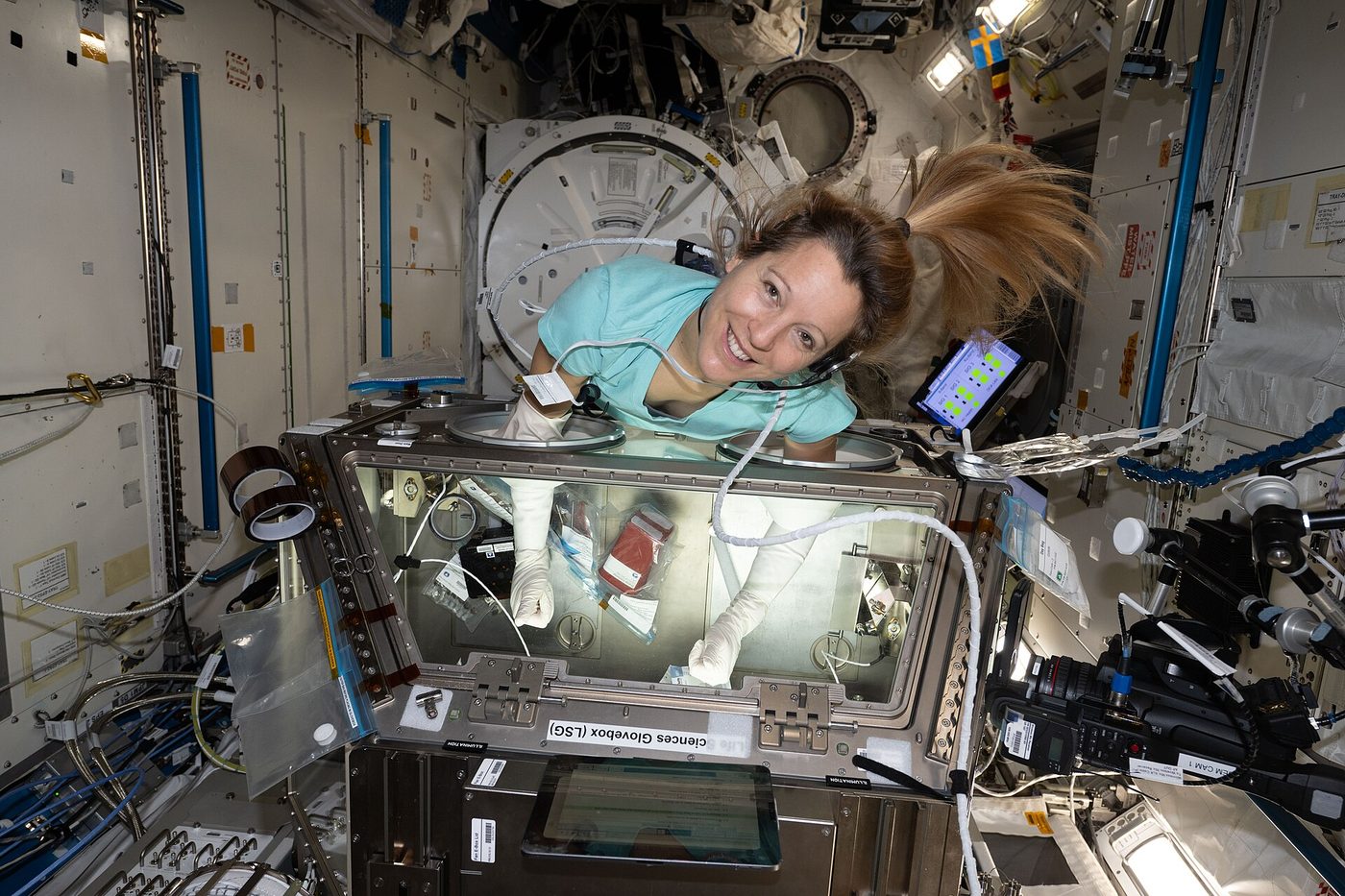Astronaut ESA Sophie Adenot memproses sampel sel punca darah di dalam modul laboratorium Kibo.